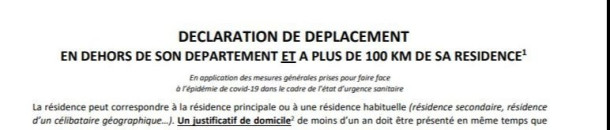 La nouvelle attestation de déplacement à plus de 100 kms, les nouveaux motifs de sortie
